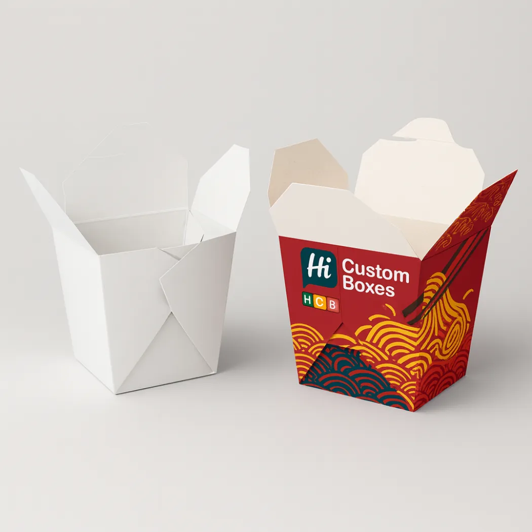 Open bespoke Chinese food boxes displaying a plain white interior and a red branded exterior design- class=